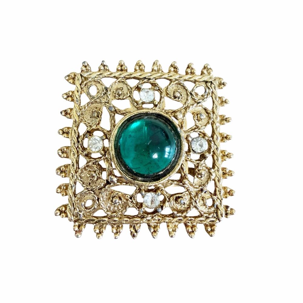 Vintage Gold Tone Square Filigree Brooch Green Rhinestone